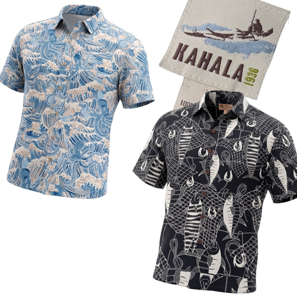 Kahala Button Down Shirt Men XL Blue Black Octopus Tuna Fish Lot of 2 Hawaiian